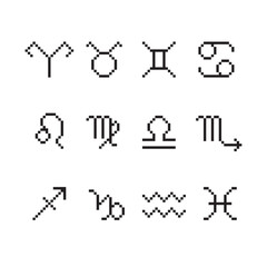 Signs of zodiac in pixel art style. Horoscope symbols. 8 bit vector set for game and other design.