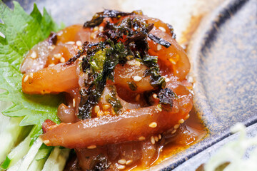 イカの韓国風刺身。
式根島の民宿の海鮮山盛りの美味しい晩ごはん。

東京都伊豆諸島式根島にて。
2023年11月1日〜5日撮影。
水中写真。

A delicious dinner full of seafood at a guest house on Shikinejima.

At Shikinejima, Izu Islands, Tokyo.
