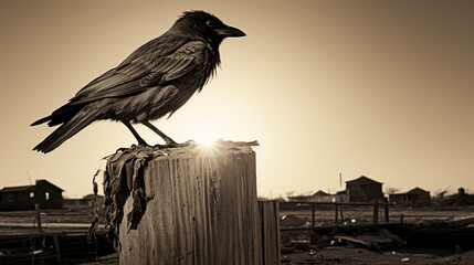 A black raven standing on a wooden post - Powered by Adobe