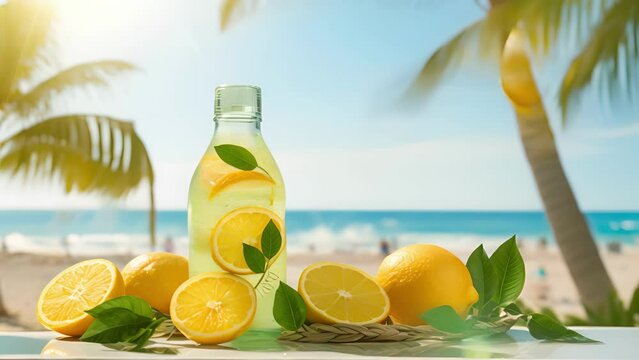 Closeup of a burst of citrus flavors, as lemon, lime, and gfruit slices mingle with fresh mint leaves in a tall glass bottle, evoking the essence of a beachside citrus grove.