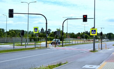 Traffic lights on the road with a red light for cars and a green light for pedestrians