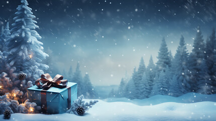 Beautiful template background of winter with gift box and tree spruce