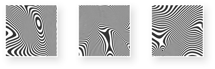 Set of abstract poster designs with wavy black stripes and optical interference effect. Illusion of movement for banner, flier, invitation, cover, business card.