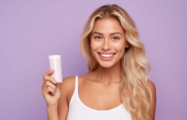 Captivating Beauty: A Latin Woman Radiates Joy with a Luminous Smile, Graciously Holding a Tube of Cream - A Portrait of Elegance, Confidence, and Skincare Bliss 