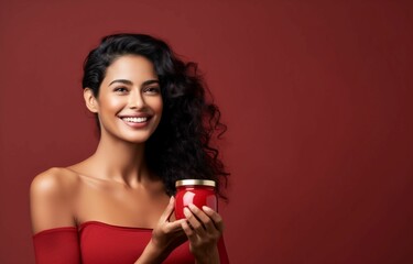 Side View Portrait of a Joyful South Asian Elderly Woman, Radiantly Smiling, Graciously Holding a Blank White Cosmetic Jar, a Symbol of Skincare Elegance, Against a Rich Dark Red Studio Background 