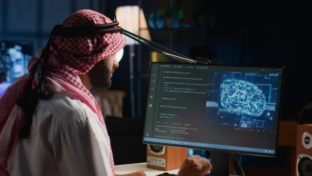 Experienced Arab developer programming scripts on computer screen, employing AI machine learning, manipulating lines of code for artificial intelligence applications computing