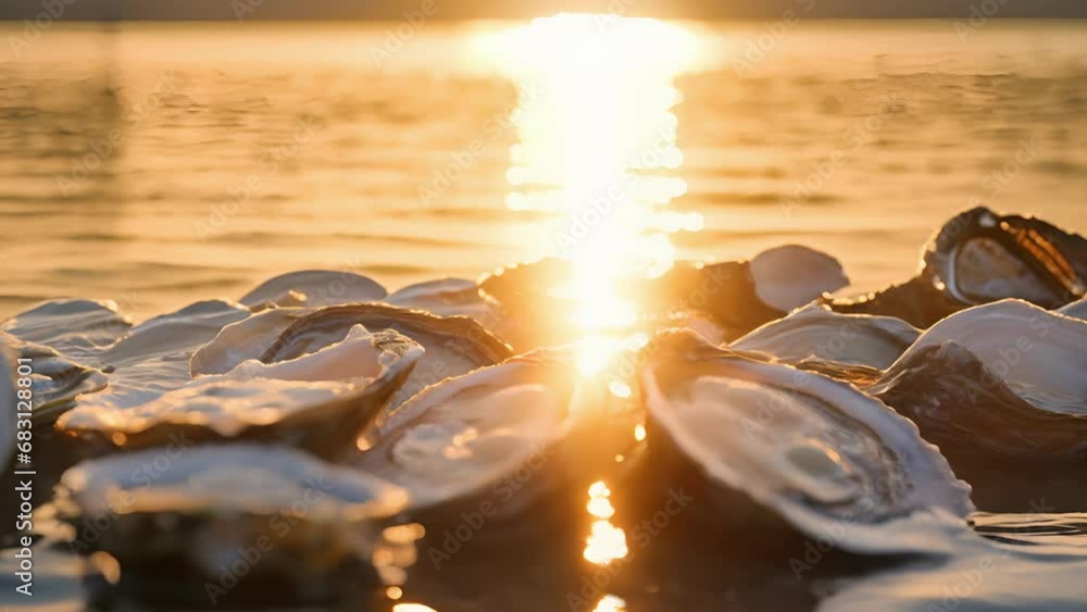 Poster the smooth, iridescent surface of each oyster shell catches the light, creating a mesmerizing displa