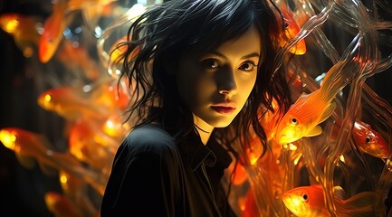 Pretty asian girl model with dreamy fantasy neon concept - obrazy, fototapety, plakaty