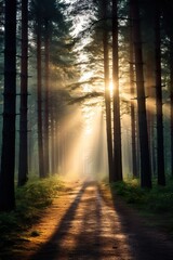 A forest filled with pine trees with space between them, sunrays coming through mist in the backround, a thin path goes thorugh the trees
