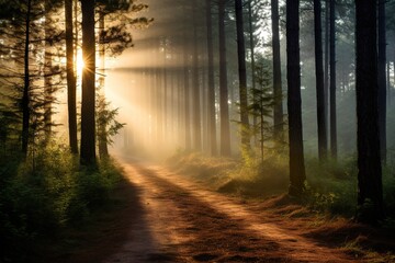 Fototapeta premium A forest filled with pine trees with space between them, sunrays coming through mist in the backround, a thin path goes thorugh the trees