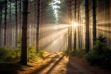 Obraz premium A forest filled with pine trees with space between them, sunrays coming through mist in the backround, a thin path goes thorugh the trees