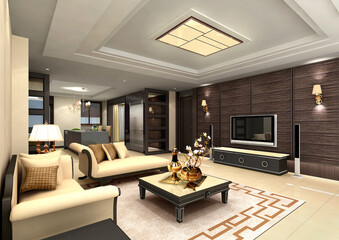 modern living room, 3D perspective view of a modern single-family home with a classic living room, kitchen, and dining room