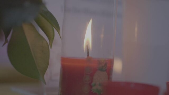 (V-Log) Buddhist Red Altar Candle Burning Super Slow Motion