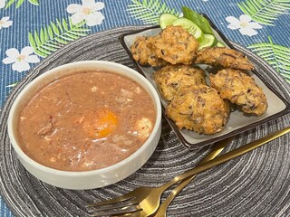 Korean blood sausage soup and baked egg dipped rice
