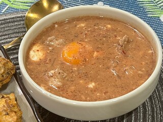 Korean blood sausage soup and baked egg dipped rice