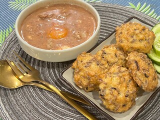 Korean blood sausage soup and baked egg dipped rice