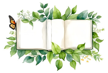 Watercolor stack of books butterfly flower green leaves on transparent background ,space for text