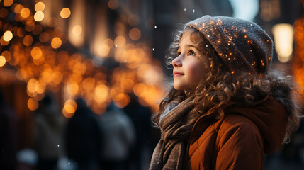 A side profile of girl child standing in the city, snow in the city square, christmas market, winter season, happy holidays. 
