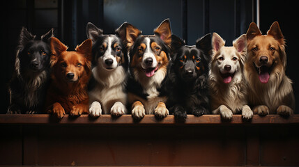 Group portrait of dogs of various shapes, sizes, and breeds. Stray pets with happy expression...