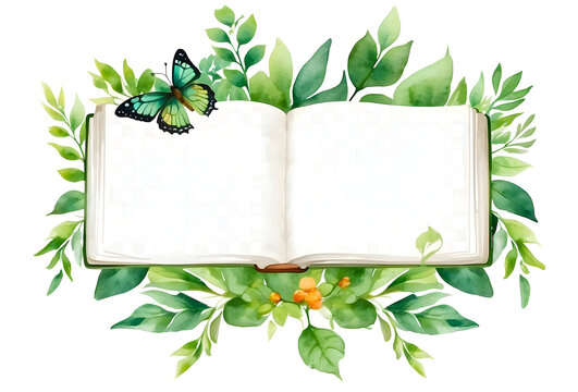 Watercolor stack of books butterfly flower green leaves on transparent background ,space for text
