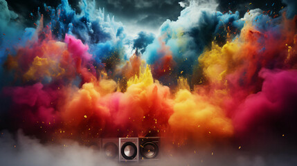 Dynamic Audio Explosion, Abstract Color Powder Cloud from Powerful Speakers