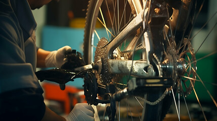 Auto Body Repairman Fixes Damaged Bike from Accident or Collision - obrazy, fototapety, plakaty