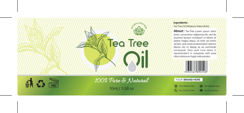 Tea tree essential oil label design, Cosmetic essential oil tea tree for skin care, product label with dieline editable vector file
