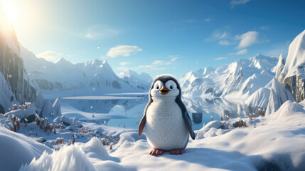 cute penguin on the snow - obrazy, fototapety, plakaty