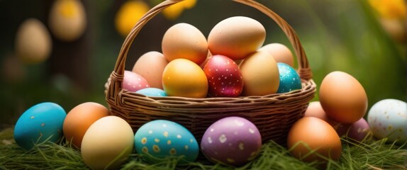 Fototapeta na wymiar Colorful Easter eggs in baskets arranged in wood table