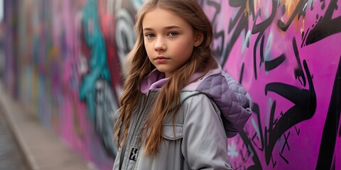 Fototapeta premium young girl standing in front of graffiti wall, in the style of violet and gray, youthful, generative AI