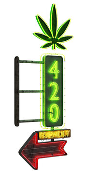 "420 Friendly" shines boldly on a vertical green neon sign with a neon cannabis leaf shape atop. Rendered in 3D and isolated on a transparent background in PNG format.