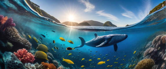 Whales are swimming underwater with beautiful colorful corals. - obrazy, fototapety, plakaty