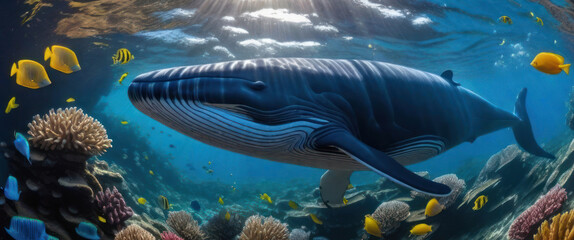 Fototapeta na wymiar Whales are swimming underwater with beautiful colorful corals.
