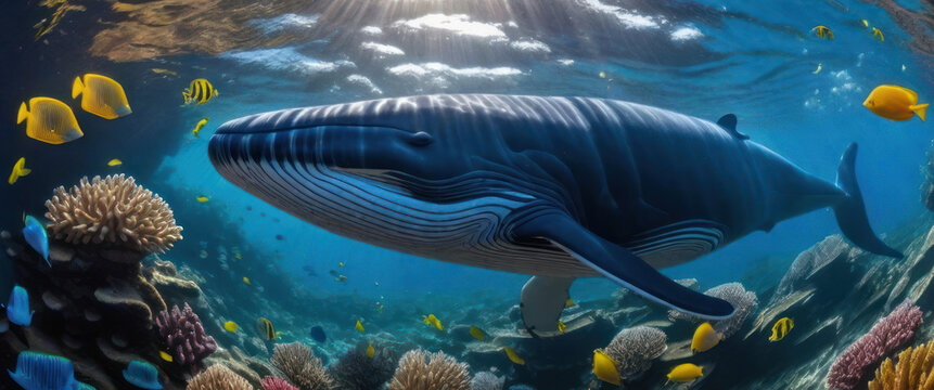 Whales are swimming underwater with beautiful colorful corals.