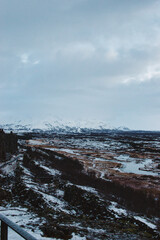 View of the snowy plateau in winter at Thingvellir National Park in Iceland. November 2021 during the Covid 19 Pandemic. On a cold winter morning.