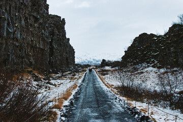 View of the snowy plateau in winter at Thingvellir National Park in Iceland. November 2021 during...