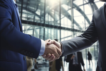 Business people shaking hands in front of business building