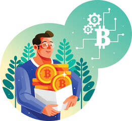 A man holding a box of bitcoin coins