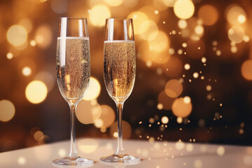 new year background with two glass of sparkling wine on a colorful confetti on blur festive background