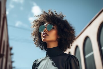 Low angle view of stylish woman with curly hair wearing sunglases - Powered by Adobe