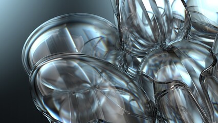 Glass objects, lush organic refraction and reflection, elegant and modern 3D Rendering abstract background