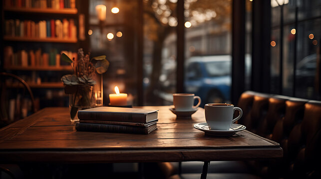Enchanting Coffee Shop Vibes: Cozy Shelf and Table Setup with Bokeh Magic, Ultra-HD, Super-Resolution