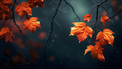 Beautiful Dark Autumn landscape with orange  leaves. Falling leaves natural background - Generative Ai