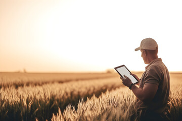 IDs de arquivo: 683141277 - Nomes originais: smart farming using modern technologies in agriculture man agronomist farmer with digital tablet computer in wheat field using apps and internet selective  - obrazy, fototapety, plakaty