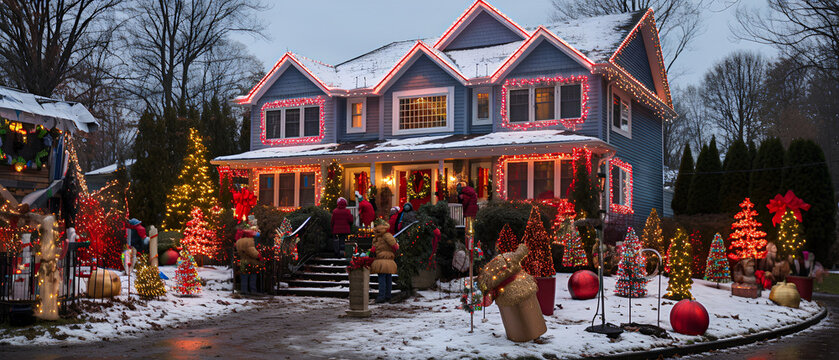 New England Home with Christmas Decorations - Generative Ai