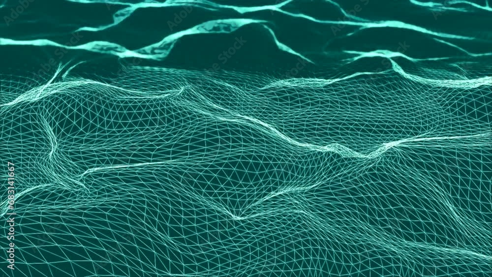 Poster cyberspace with hills and grid. animation. 3d space with cyber relief from grid. disappearing grid o