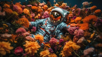 Astronaut in beautiful field of flowers