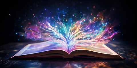 An open book radiates a magical light, filtering through its turning pages - obrazy, fototapety, plakaty