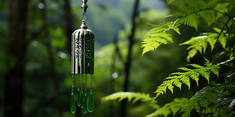 Wind chime sings softly, suspended amidst the forest's green canopy - obrazy, fototapety, plakaty