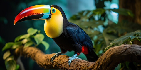 Obraz premium Colorful toucan sits gracefully on a jungle branch, surrounded by lush foliage